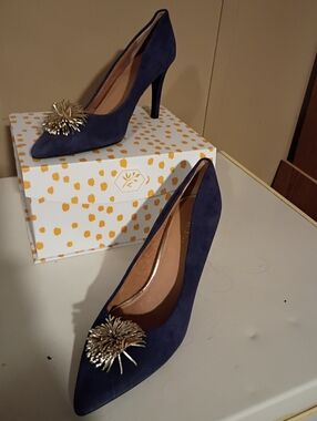 Size 10 Navy Suede Pointed Toe Pumps with Gold Accent